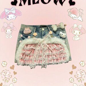 Cute denim mini skirt with ruffles, bows, and Hello Kitty patches